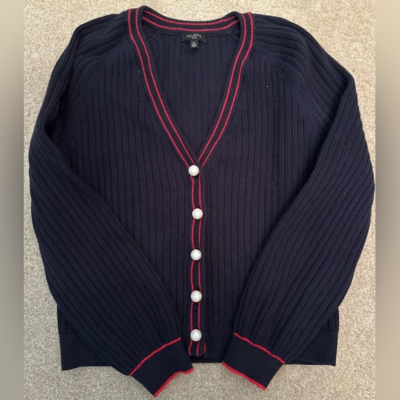 Talbots Navy Pearl Button Ribbed Knit Tennis Sweater Cardigan Size Small Petite - Picture 1 of 8
